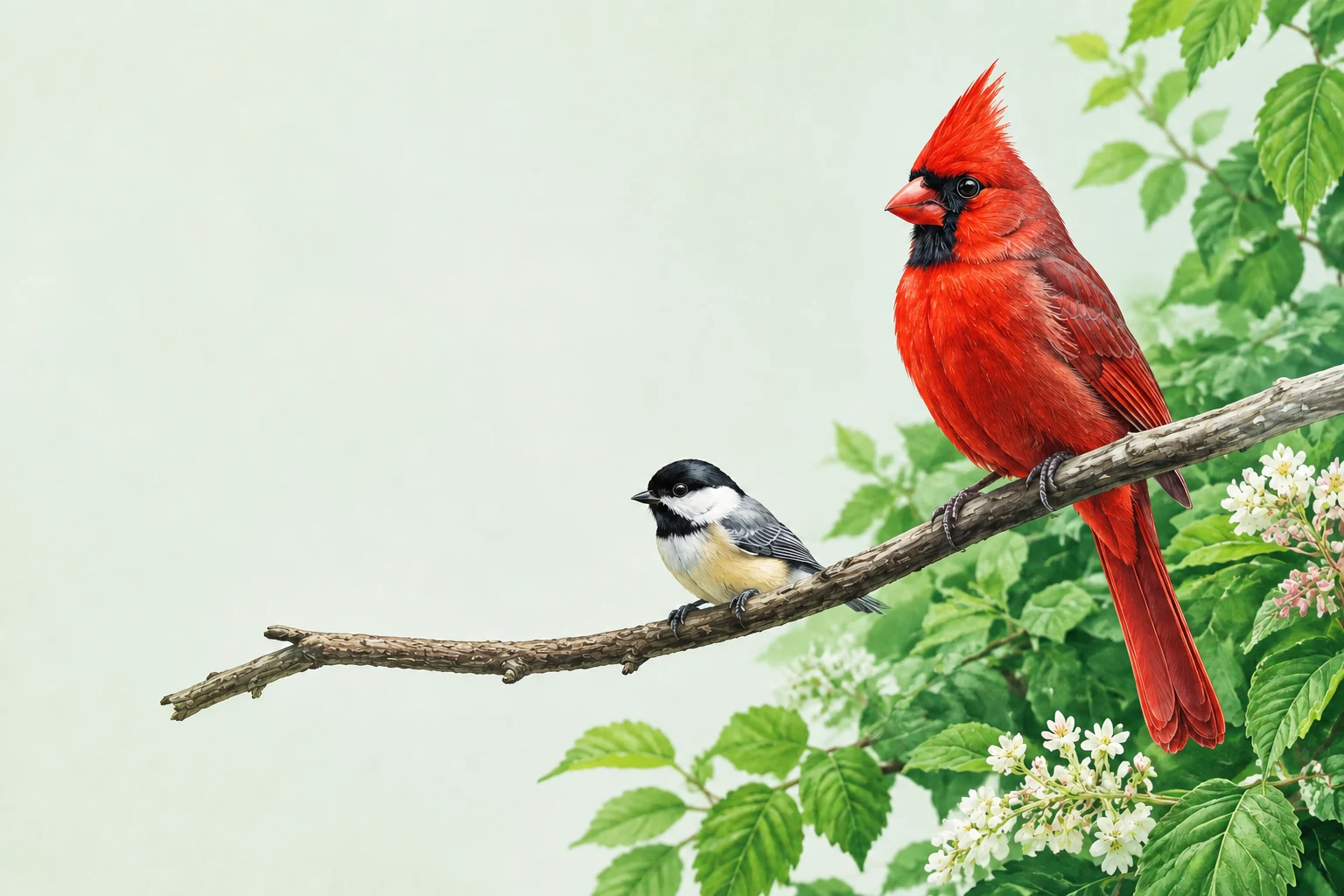 Original illustration of a red cardinal and a chickadee on a leafy branch